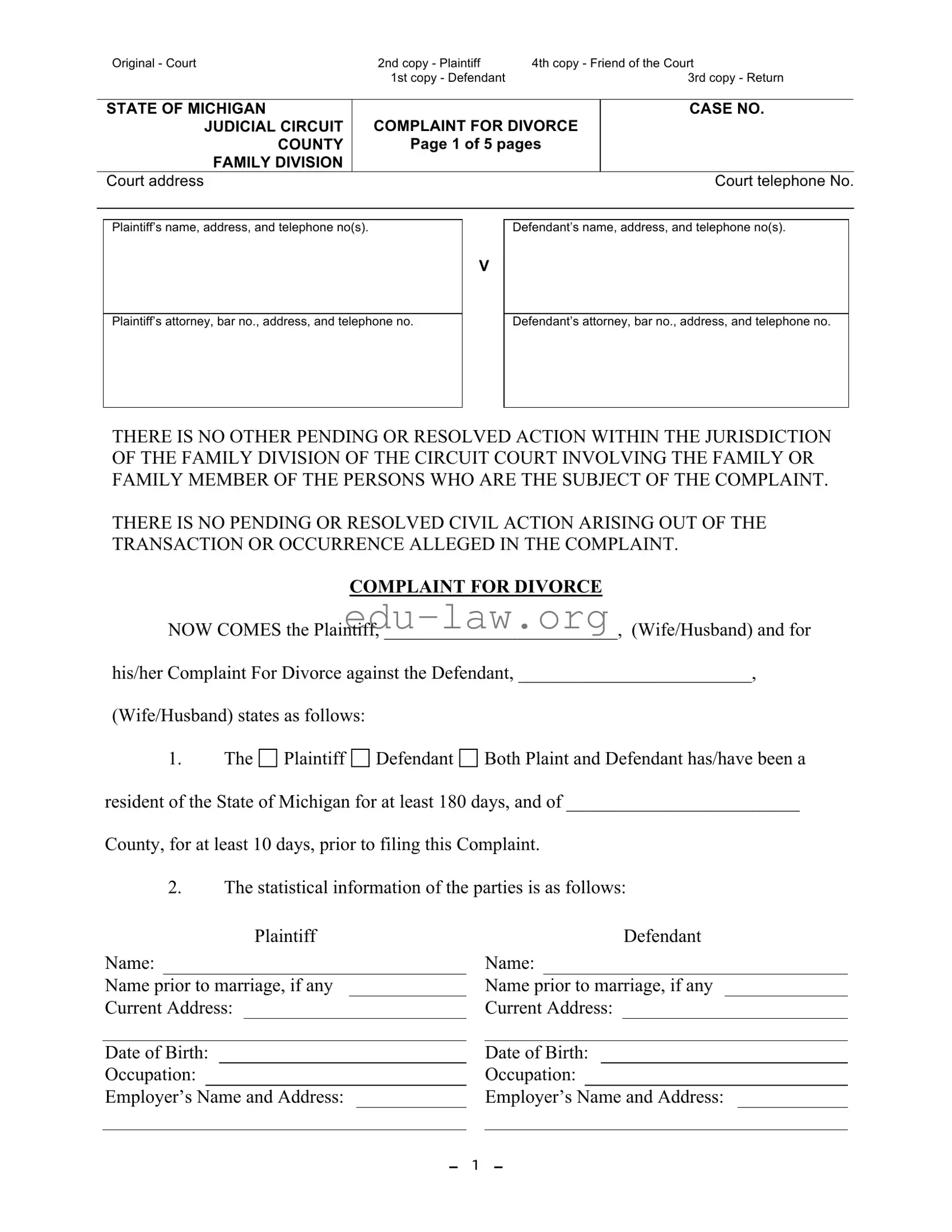 Fill in Your Michigan Complaint Divorce Template