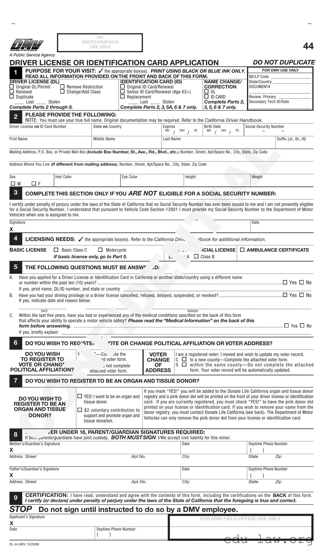 Fill in Your Ca Dmv Dl 44 Template