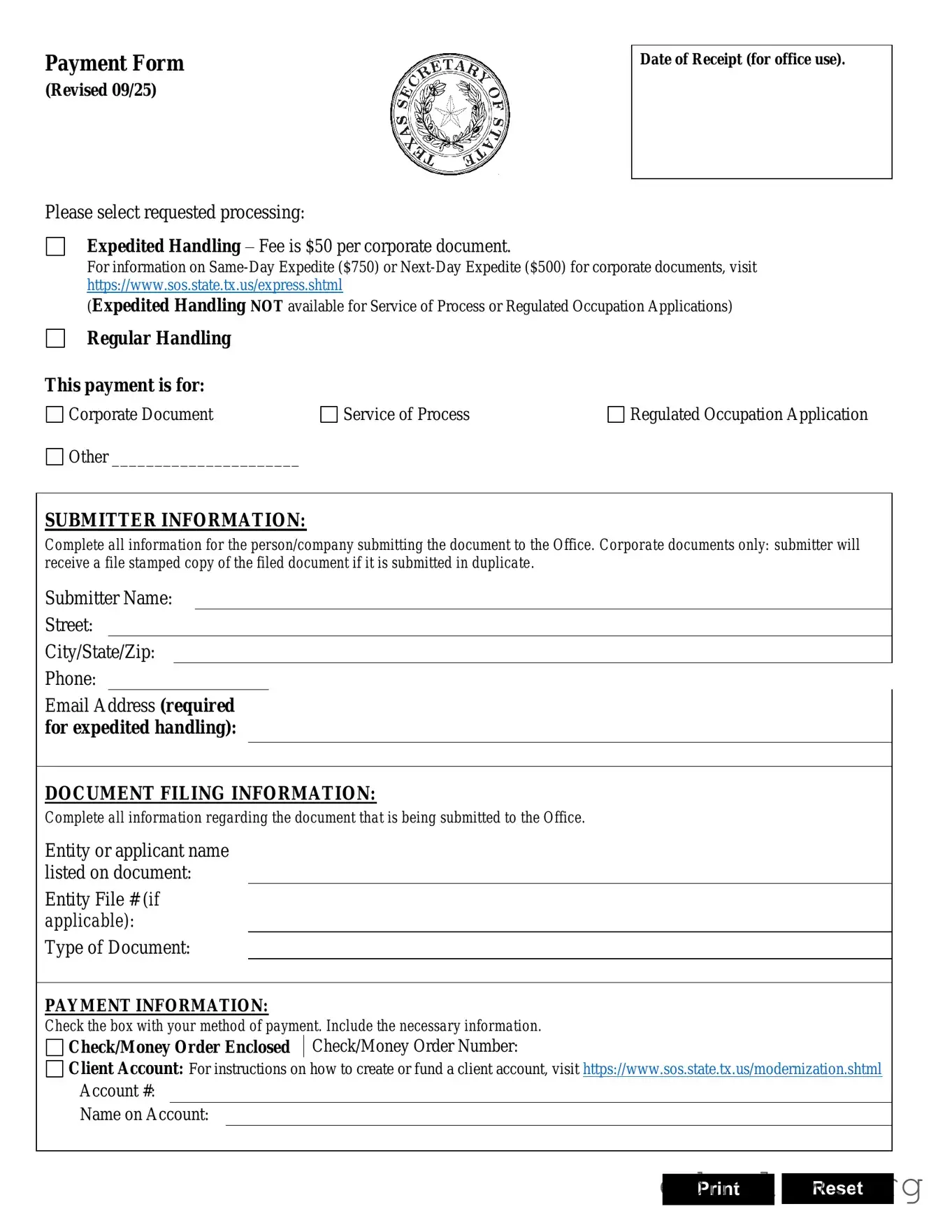Fill in Your Texas Sos Payment 807 Template