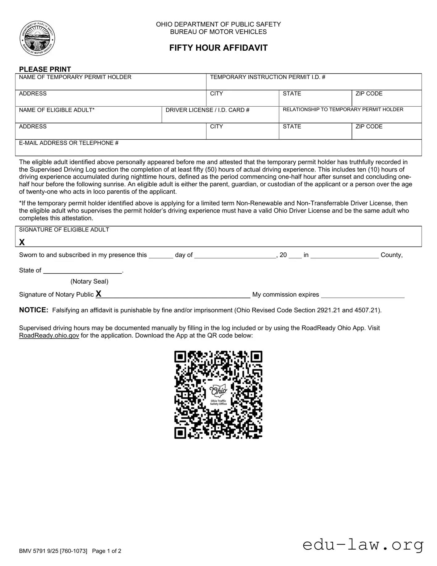 Fill in Your Driving Fifty Hour Affidavit Template