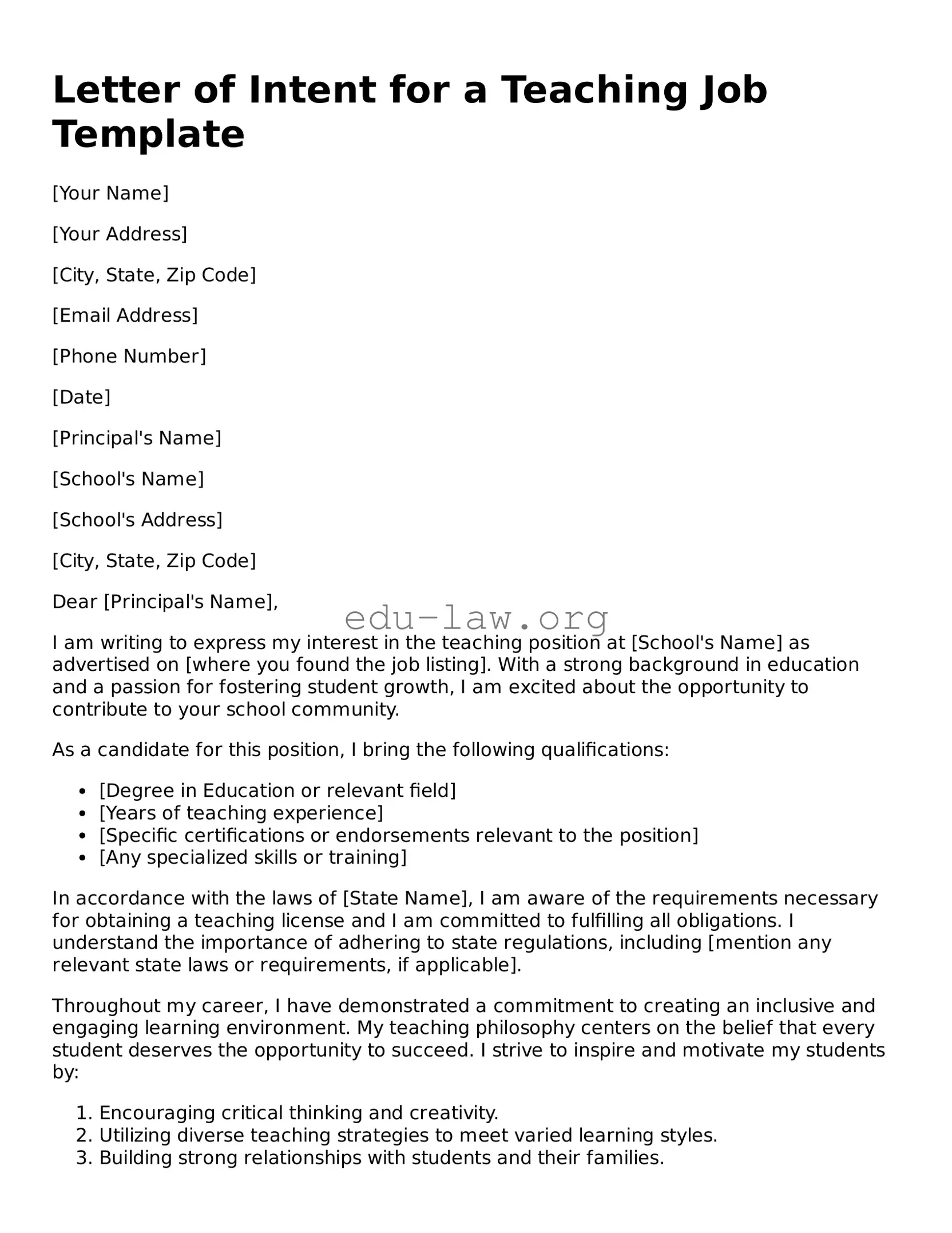 Letter of Intent for a Teaching Job Template