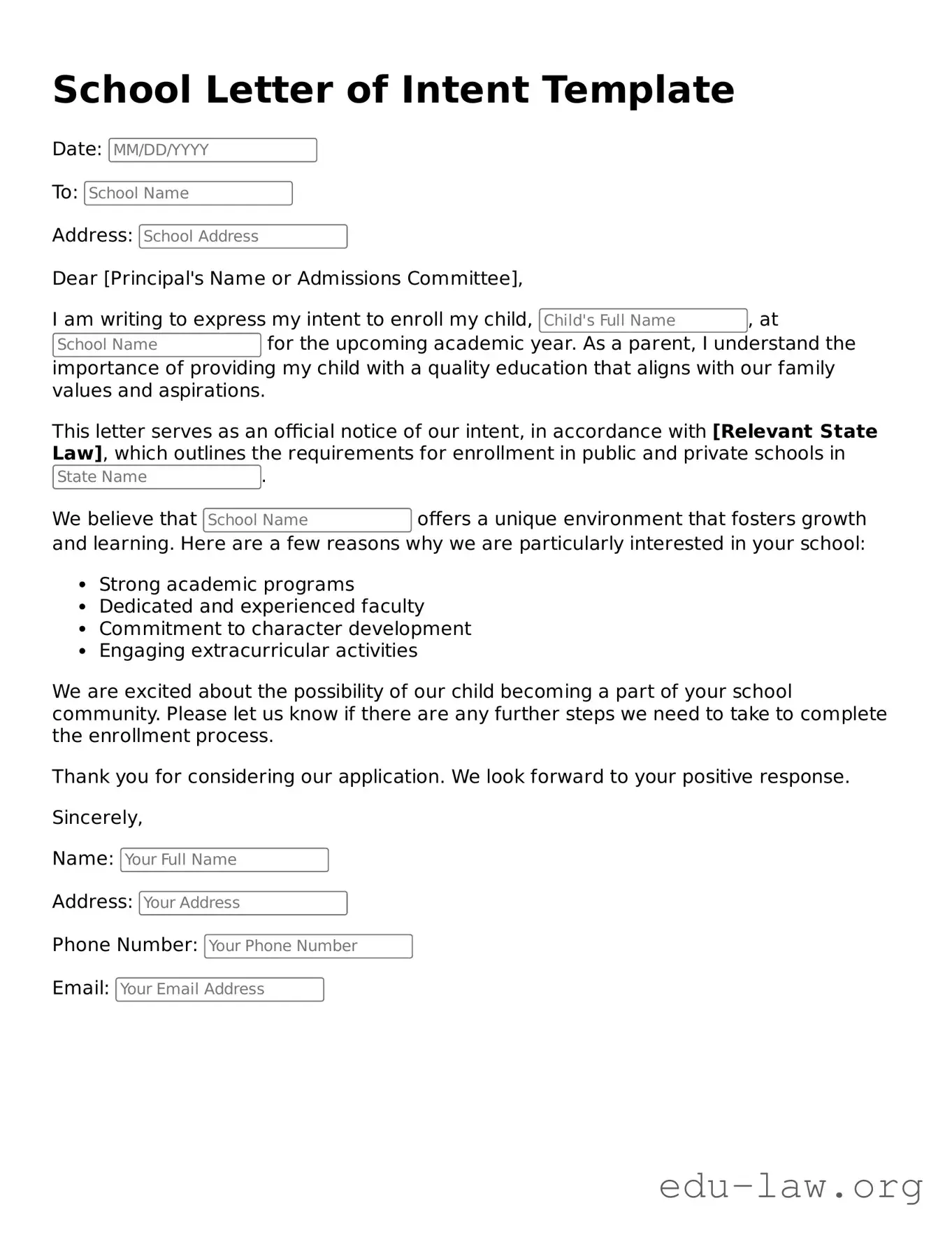School Letter of Intent Template
