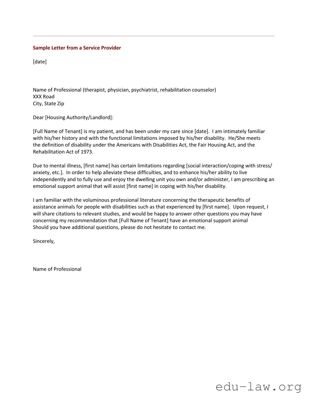 Fill in Your Emotional Support Animal Letter Template