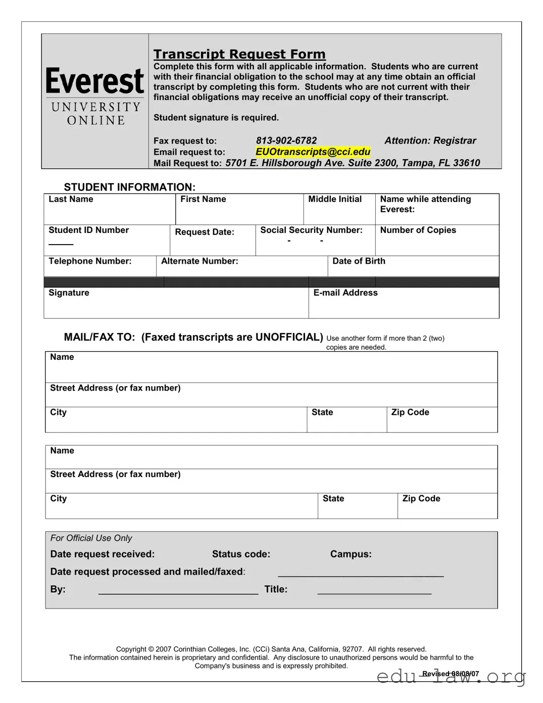 Fill in Your Everest University Transcript Template