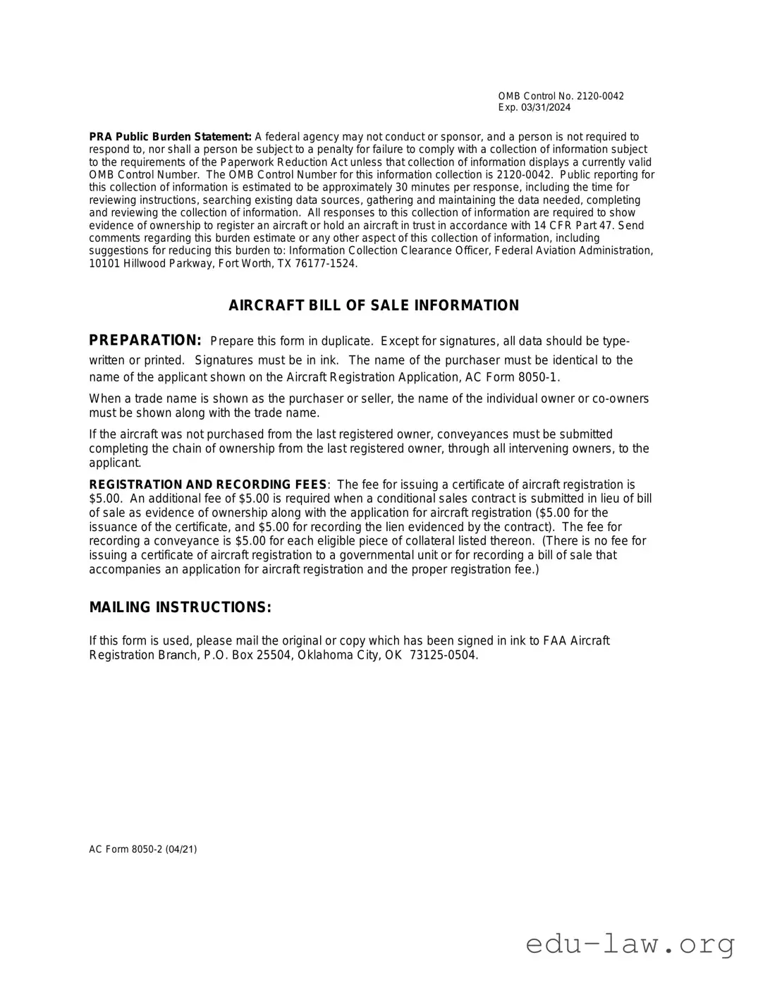 Fill in Your Aircraft Bill of Sale AC 8050-2 Template
