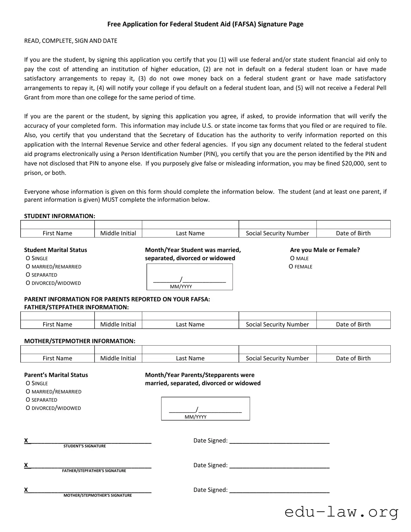 Fill in Your Fafsa Signature Page Template