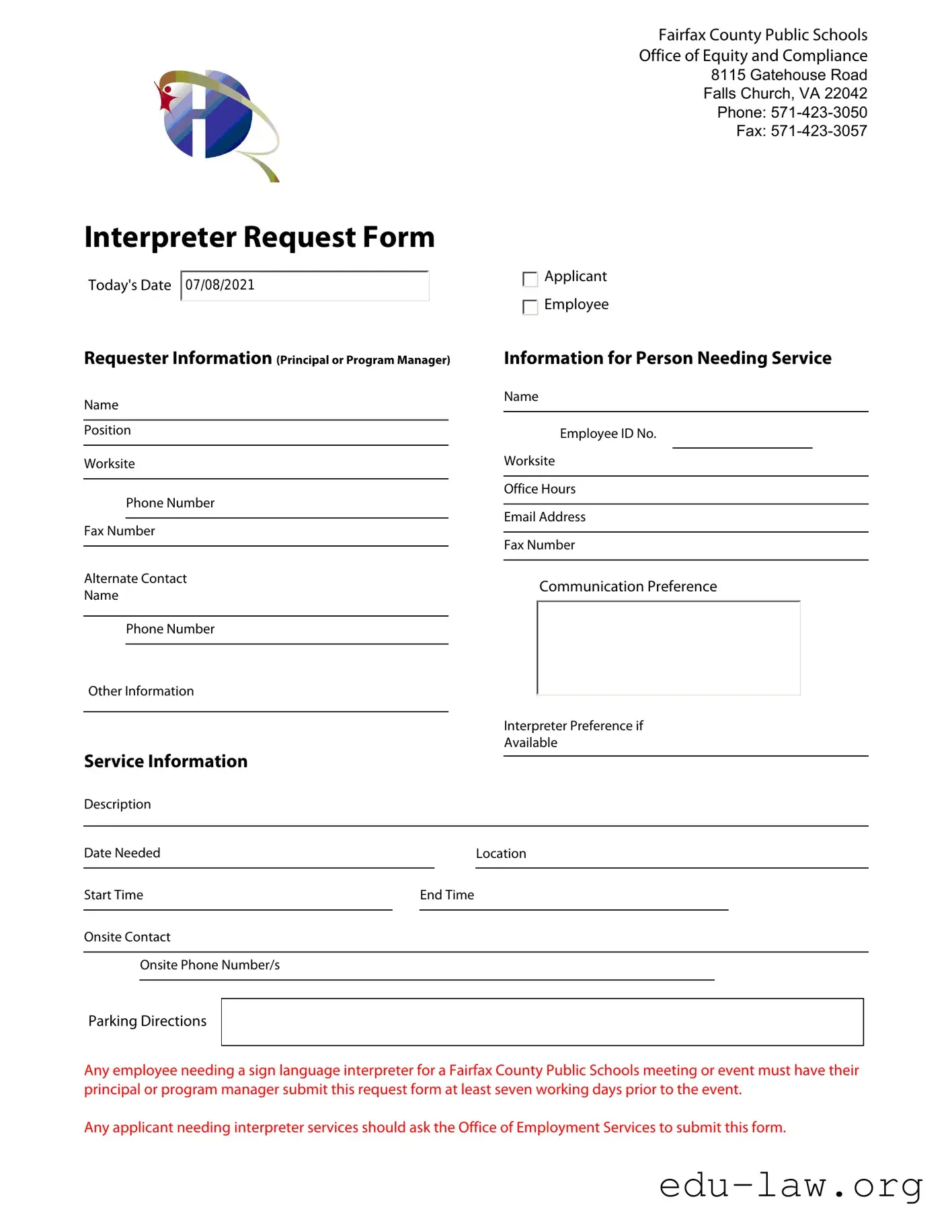 Fill in Your Fairfax Interpreter Request Template