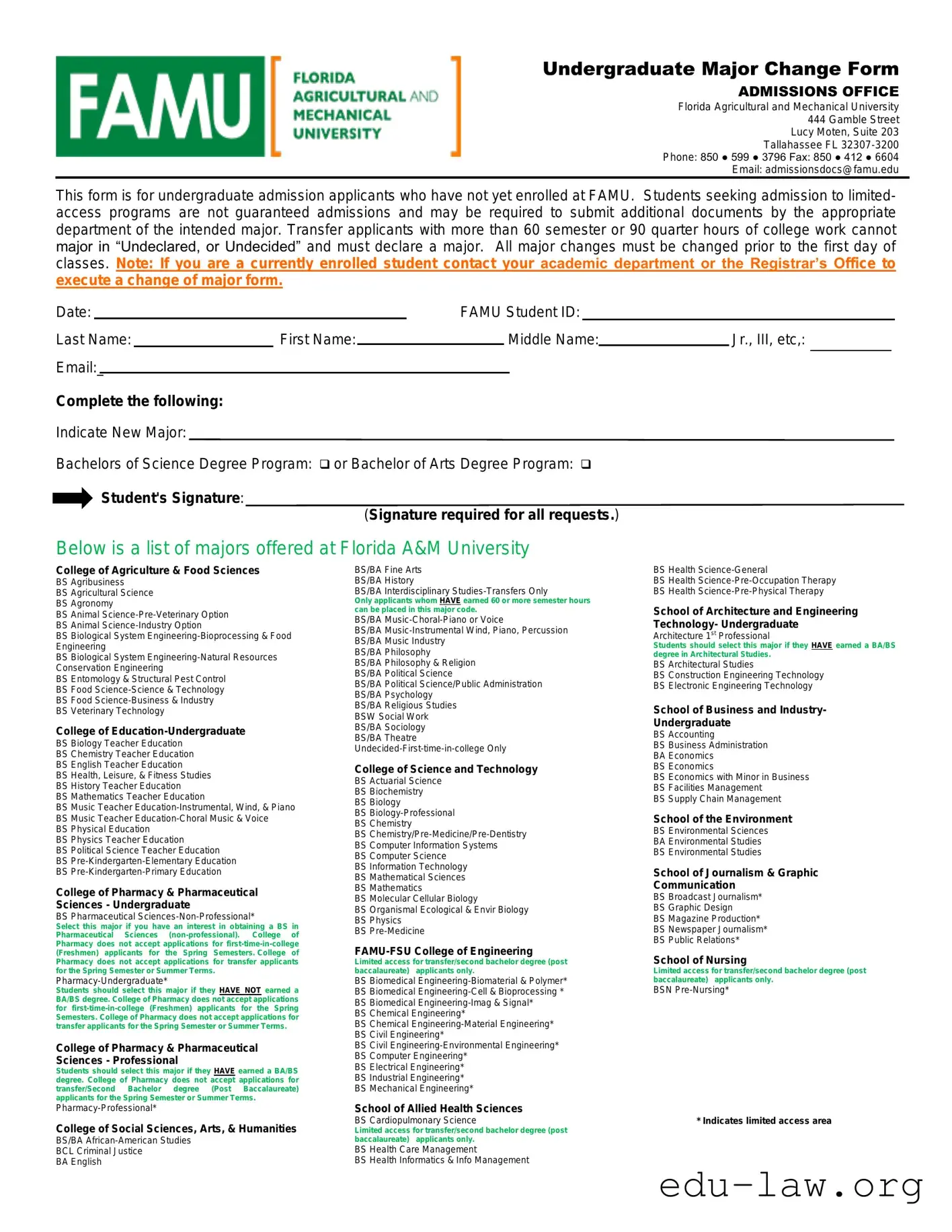 Fill in Your Famu Major Change Template
