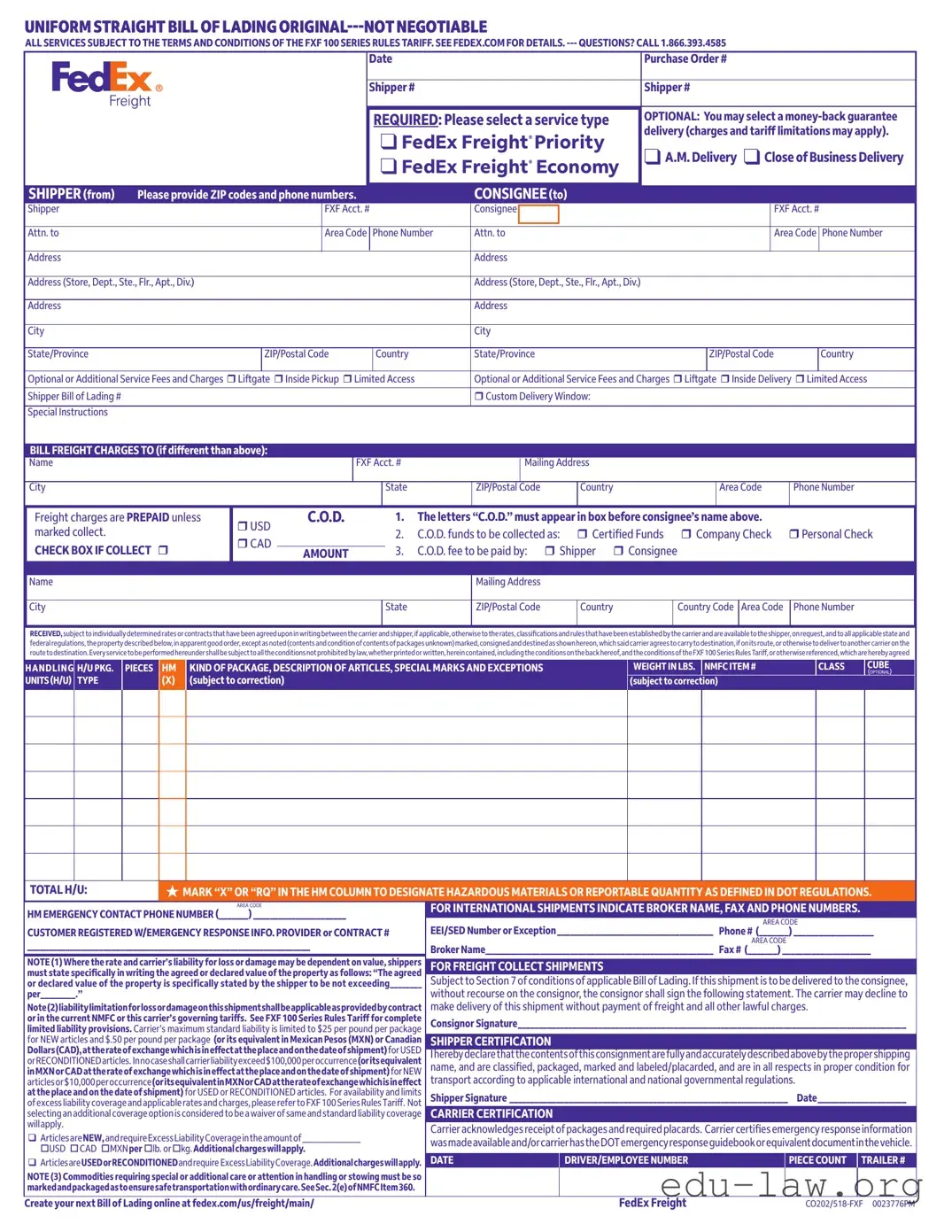 Fill in Your Fedex Bill Of Lading Template