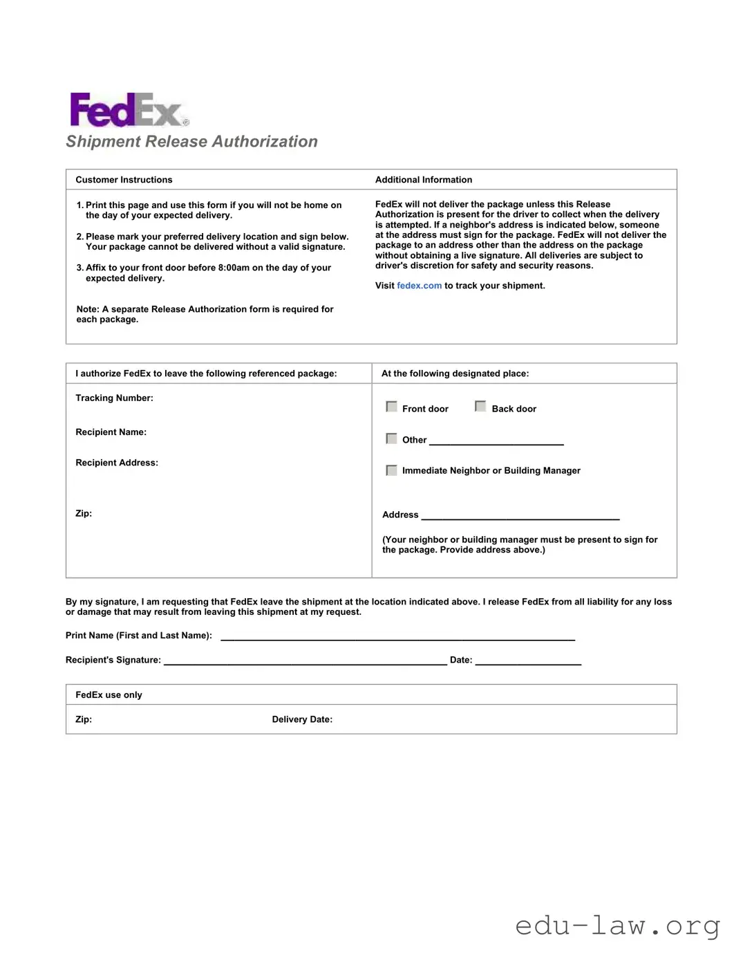 Fill in Your Fedex Release Template