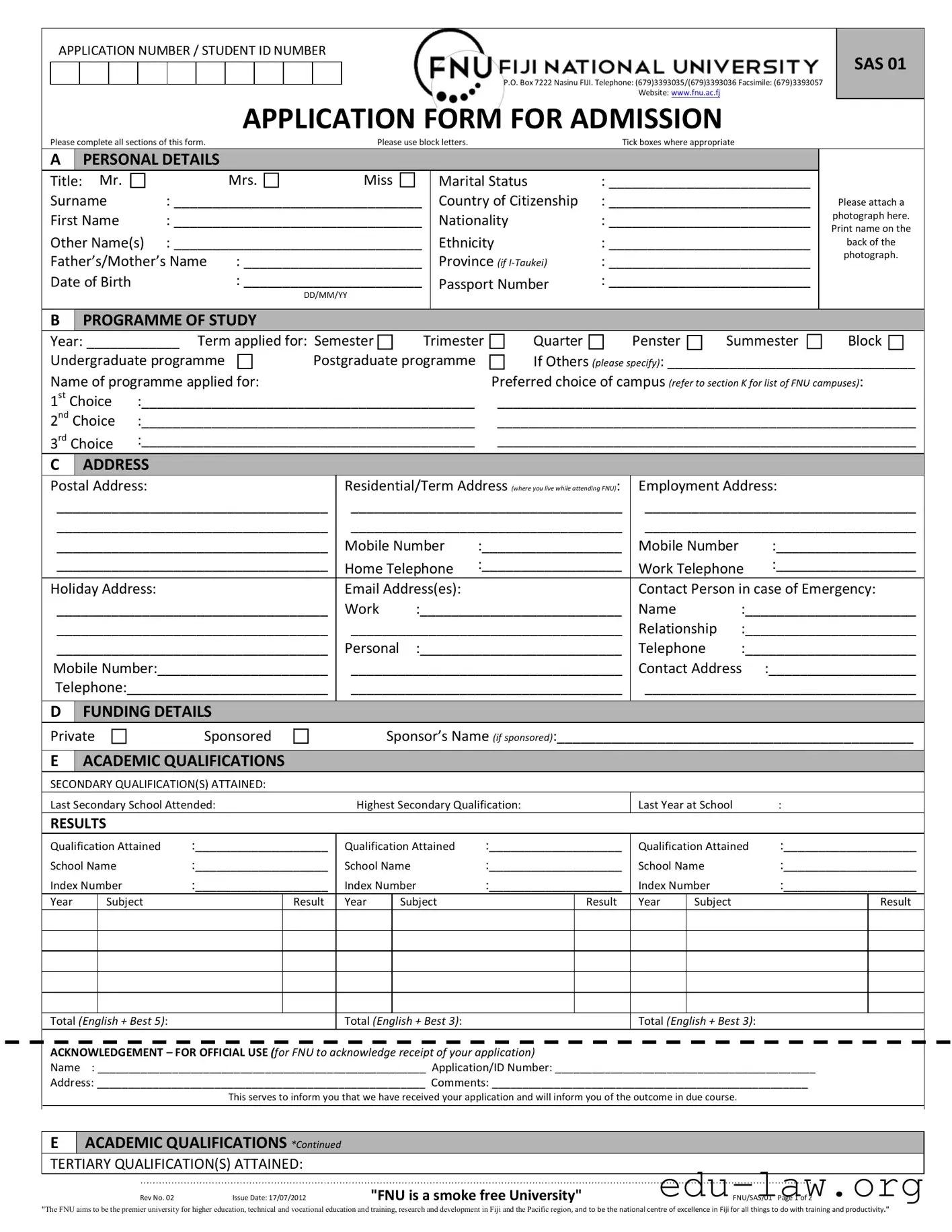 Fill in Your Fiji National University Application Template