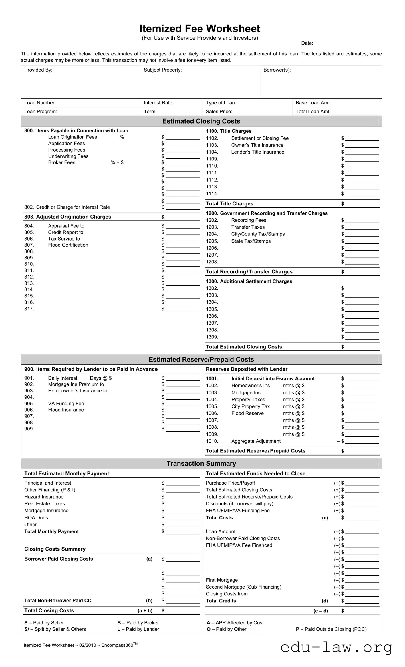 Fill in Your Fee Worksheet Template