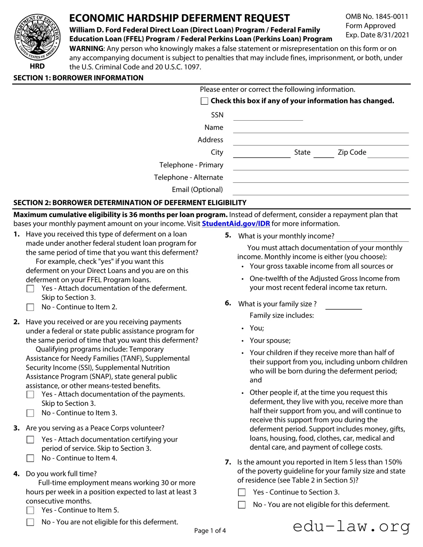 Fill in Your Federal Loan Economic Hardship Request Template