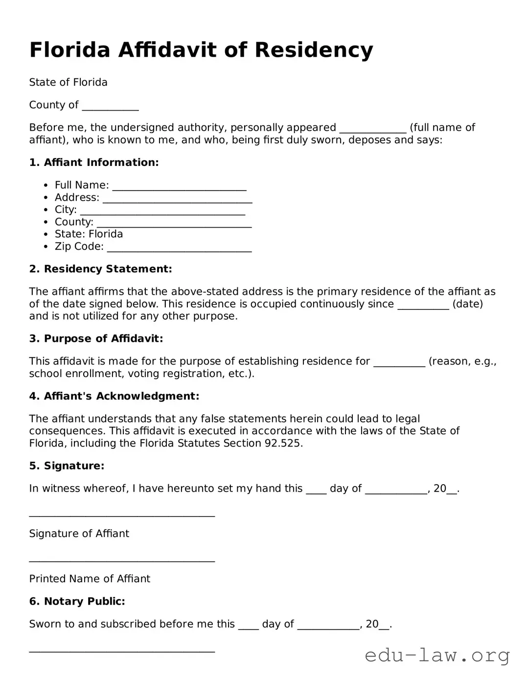 Legal  Affidavit of Residency Template for Florida