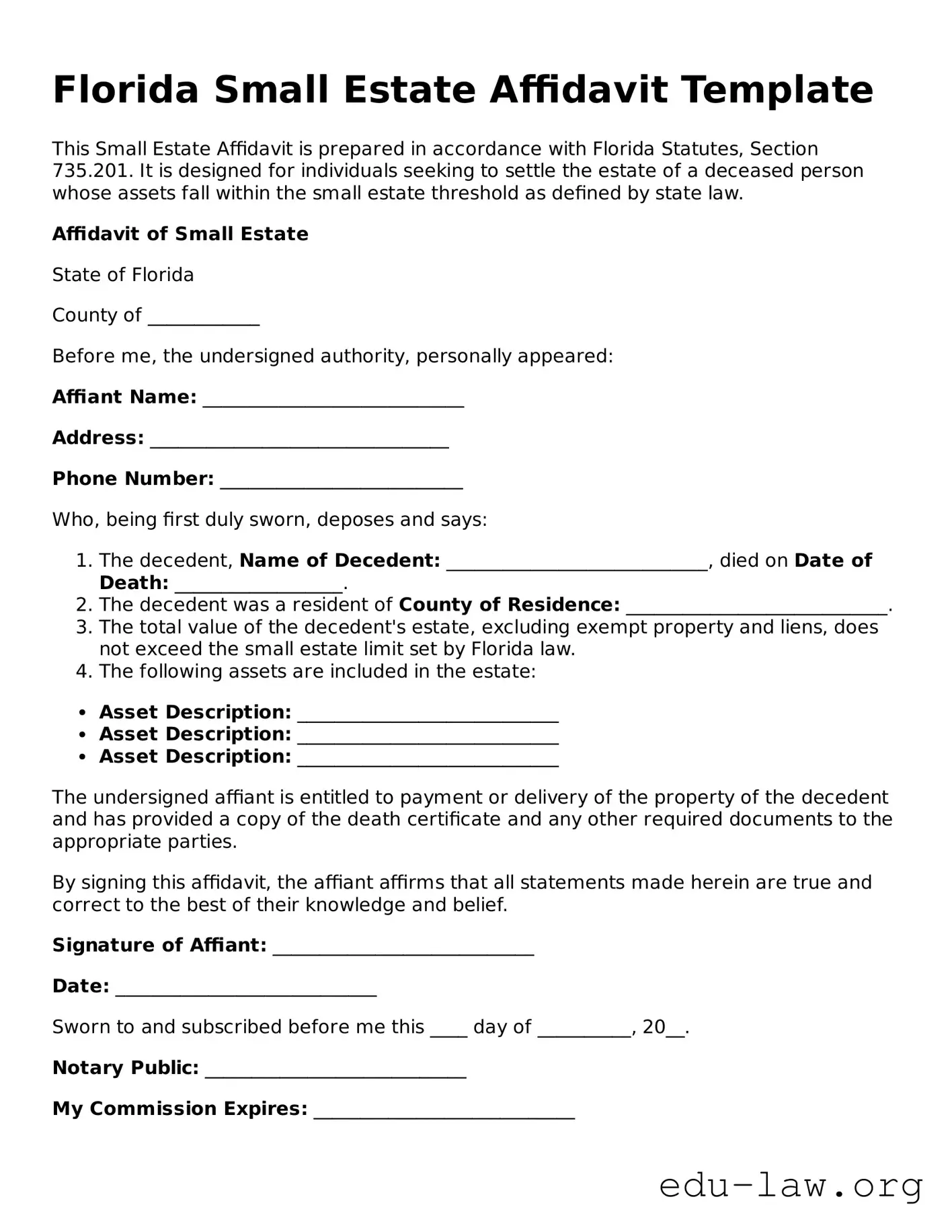Legal  Small Estate Affidavit Template for Florida