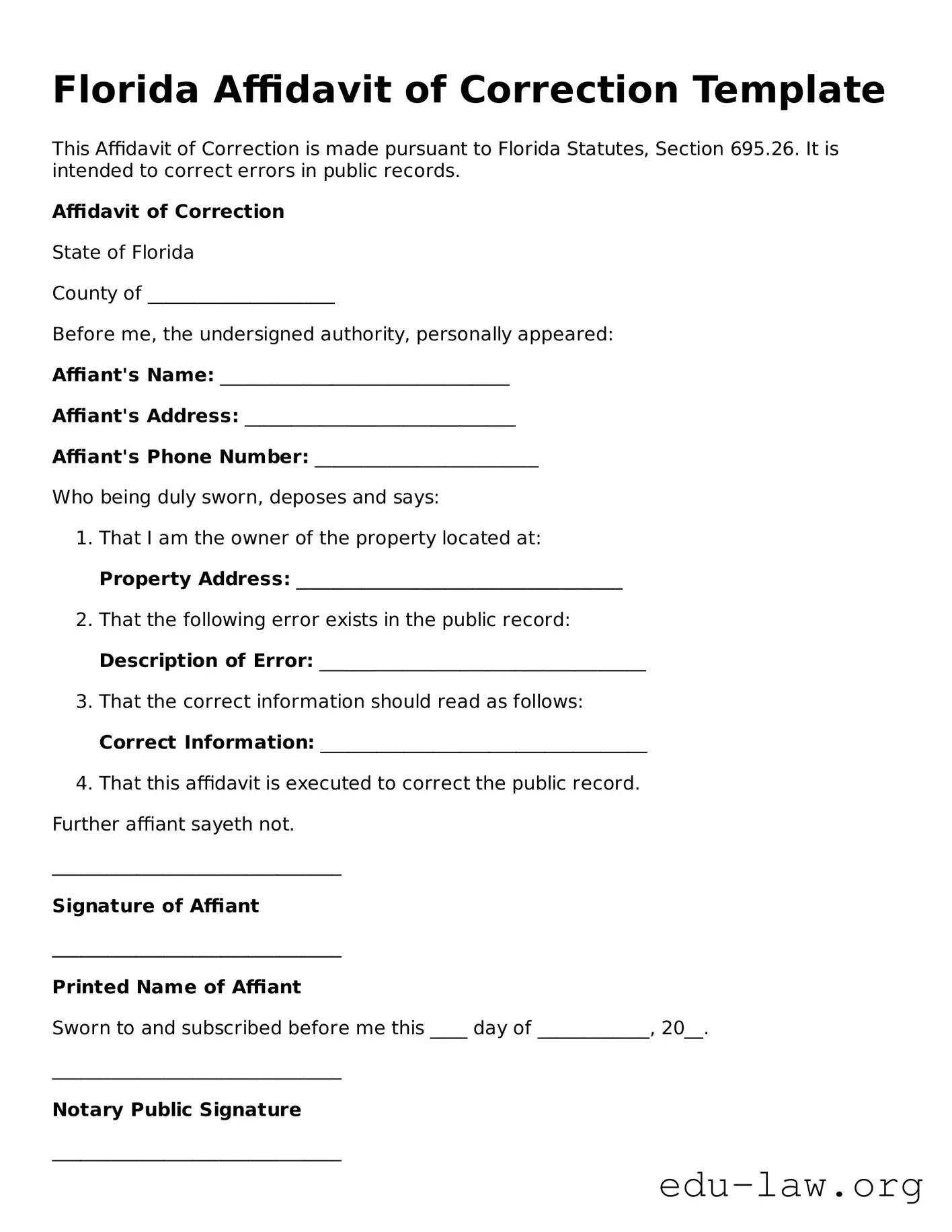 Legal  Affidavit of Correction Template for Florida