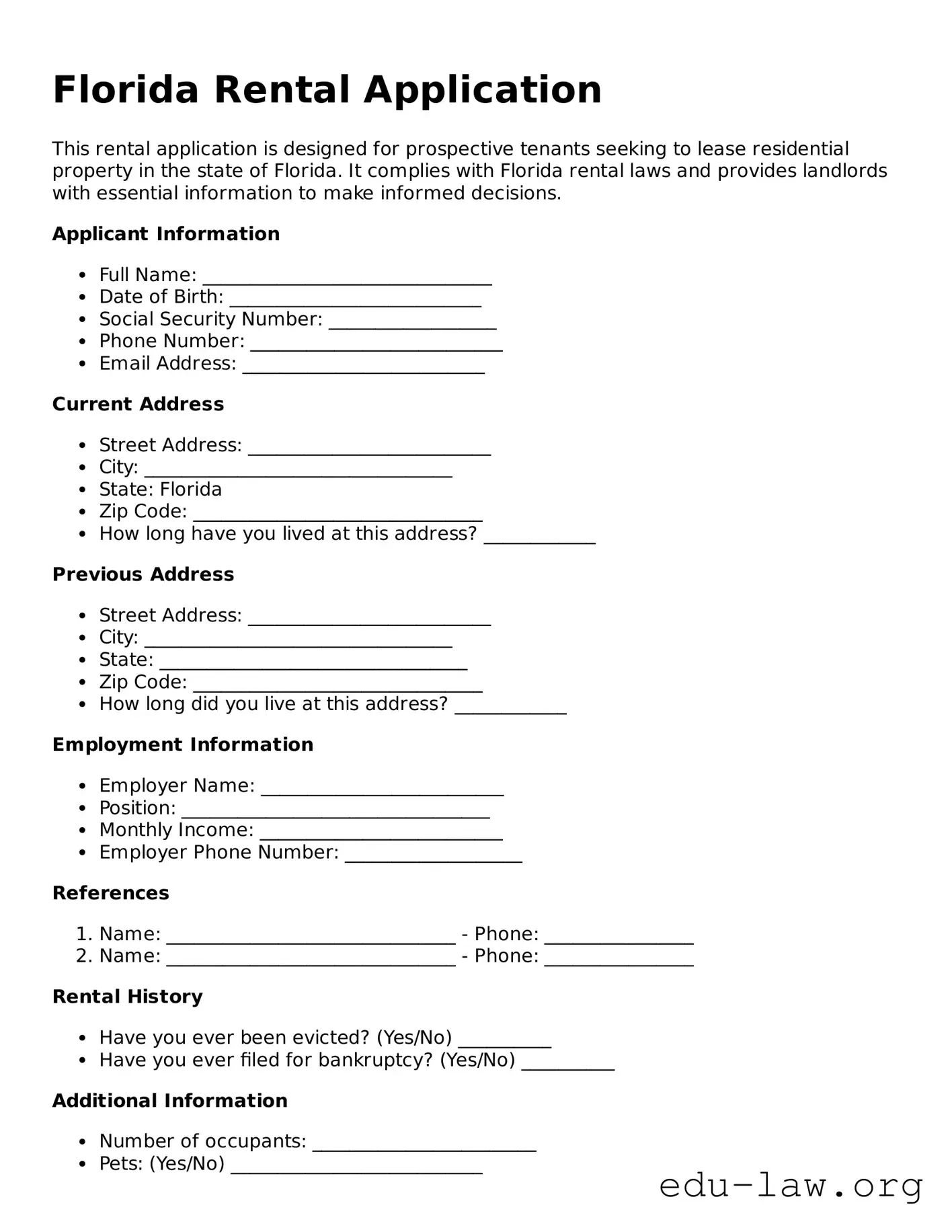Legal  Rental Application Template for Florida