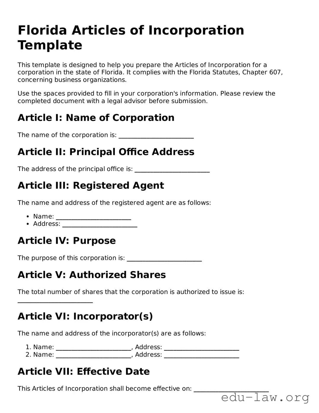 Legal  Articles of Incorporation Template for Florida