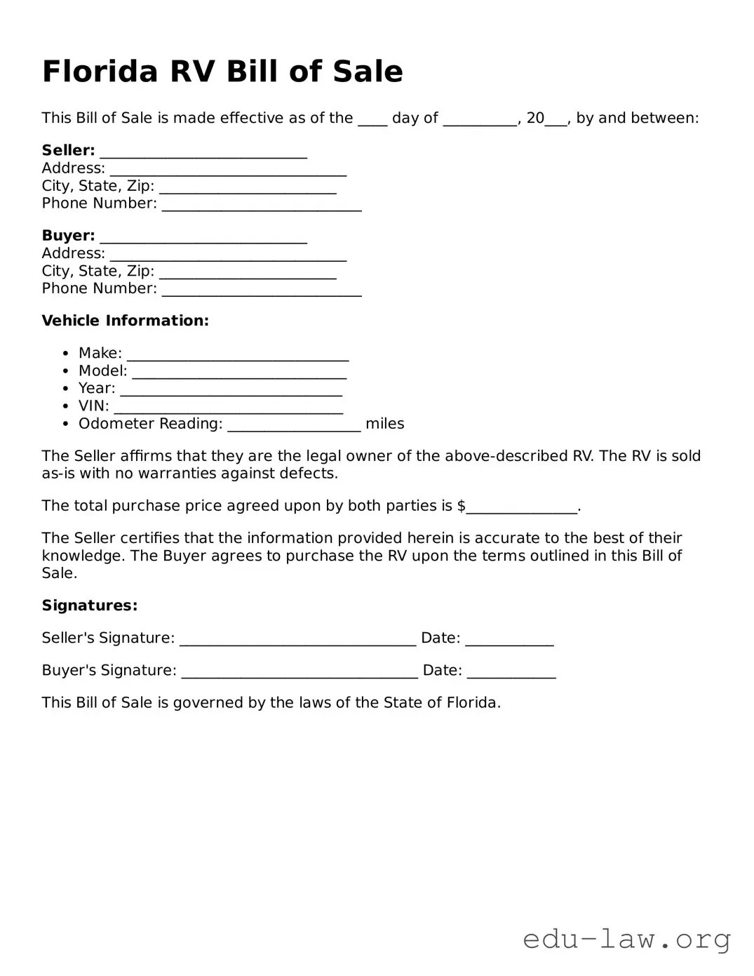 Legal  RV Bill of Sale Template for Florida