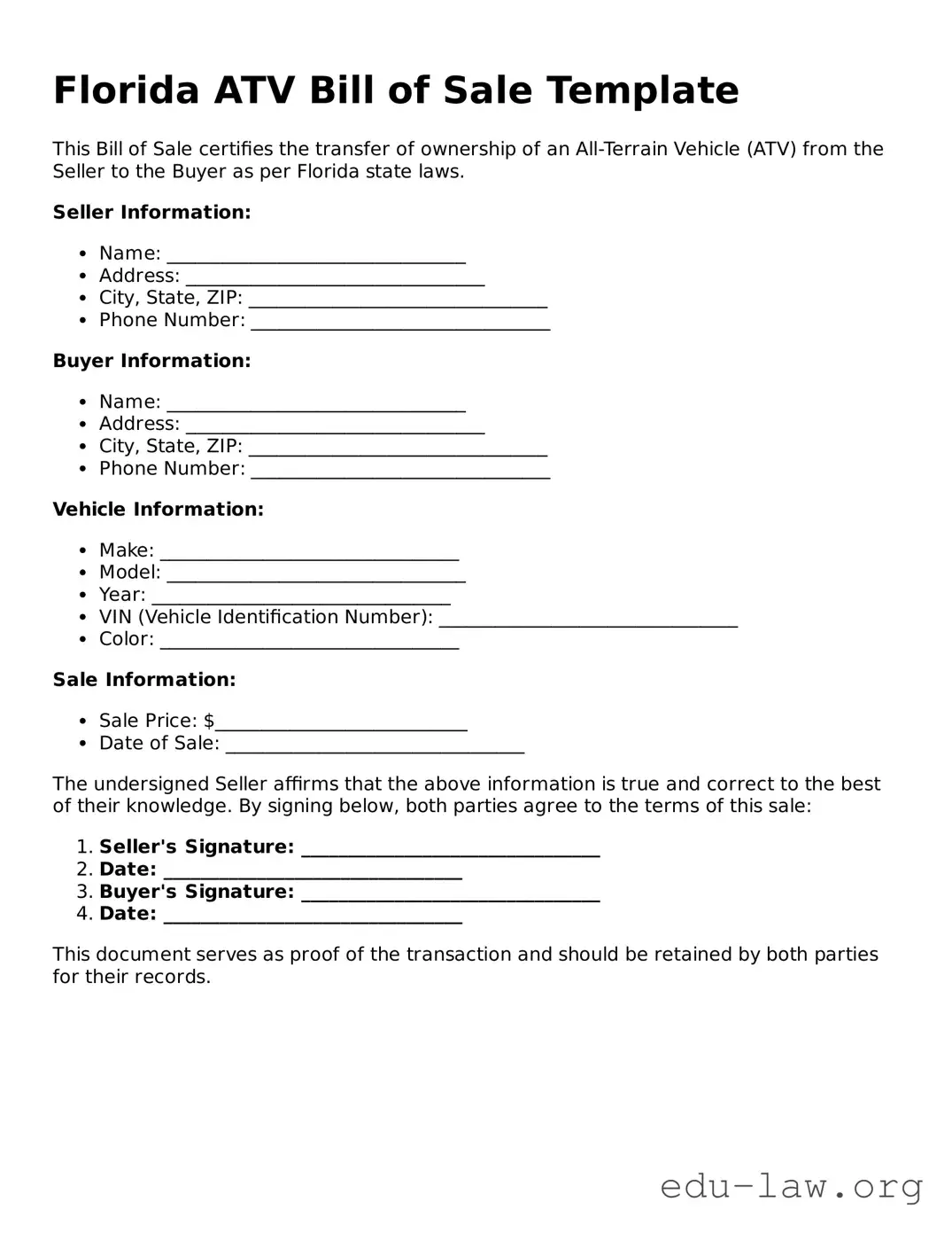 Legal  ATV Bill of Sale Template for Florida