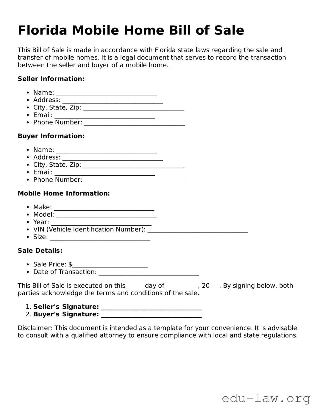 Legal  Mobile Home Bill of Sale Template for Florida