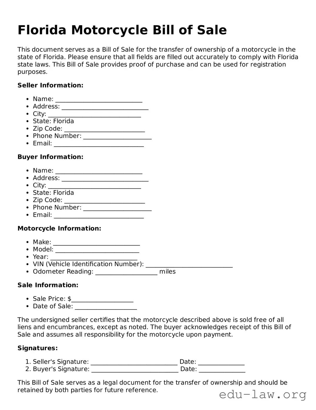 Legal  Motorcycle Bill of Sale Template for Florida