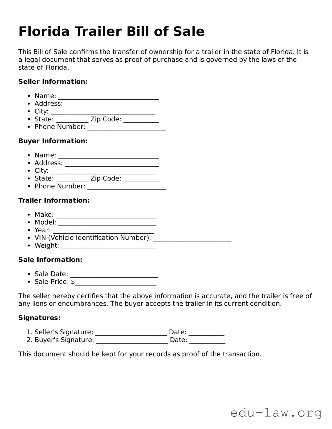 Legal  Trailer Bill of Sale Template for Florida