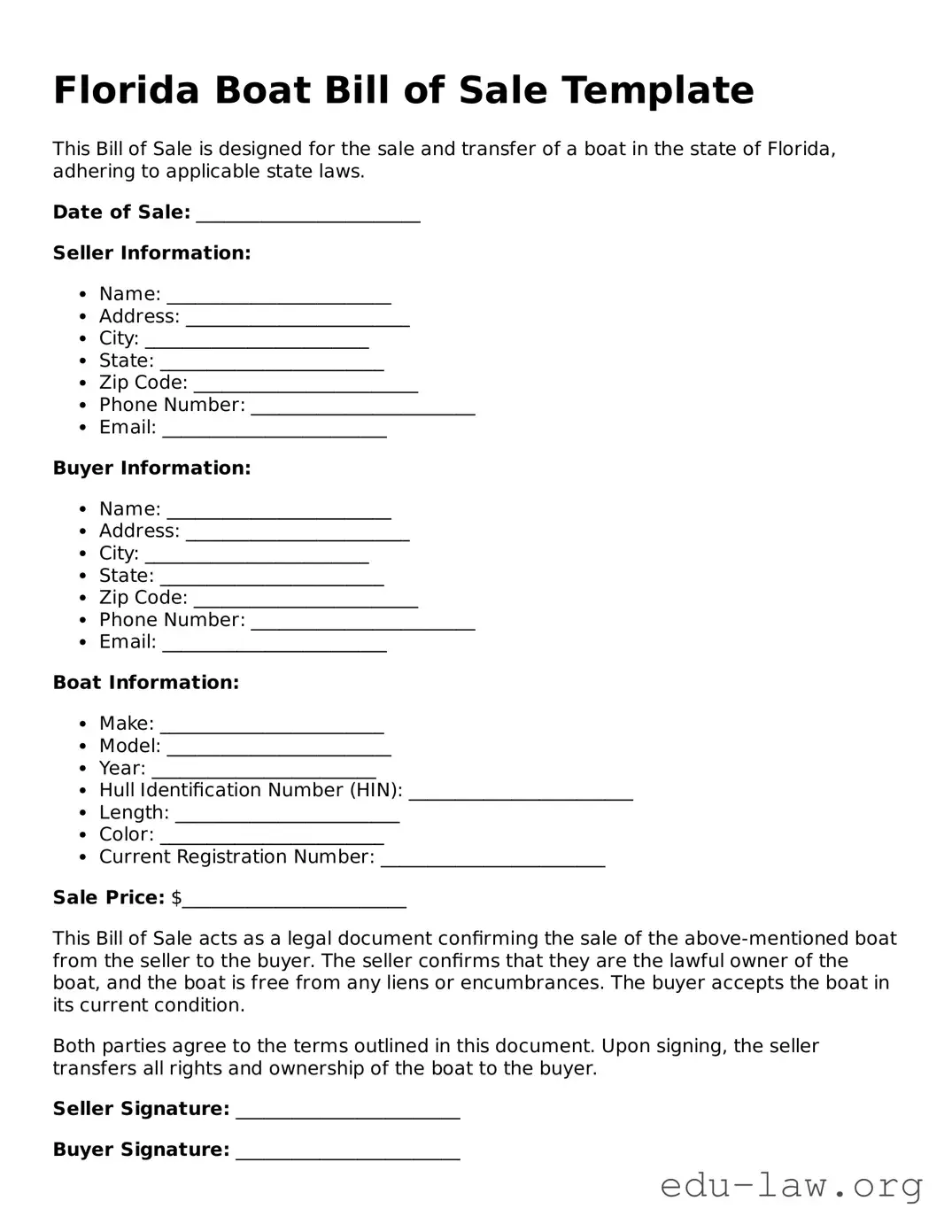 Legal  Boat Bill of Sale Template for Florida
