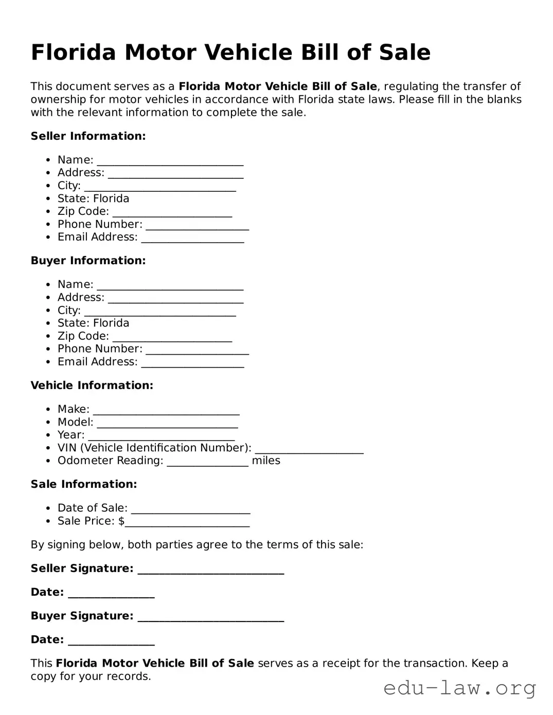 Legal  Motor Vehicle Bill of Sale Template for Florida