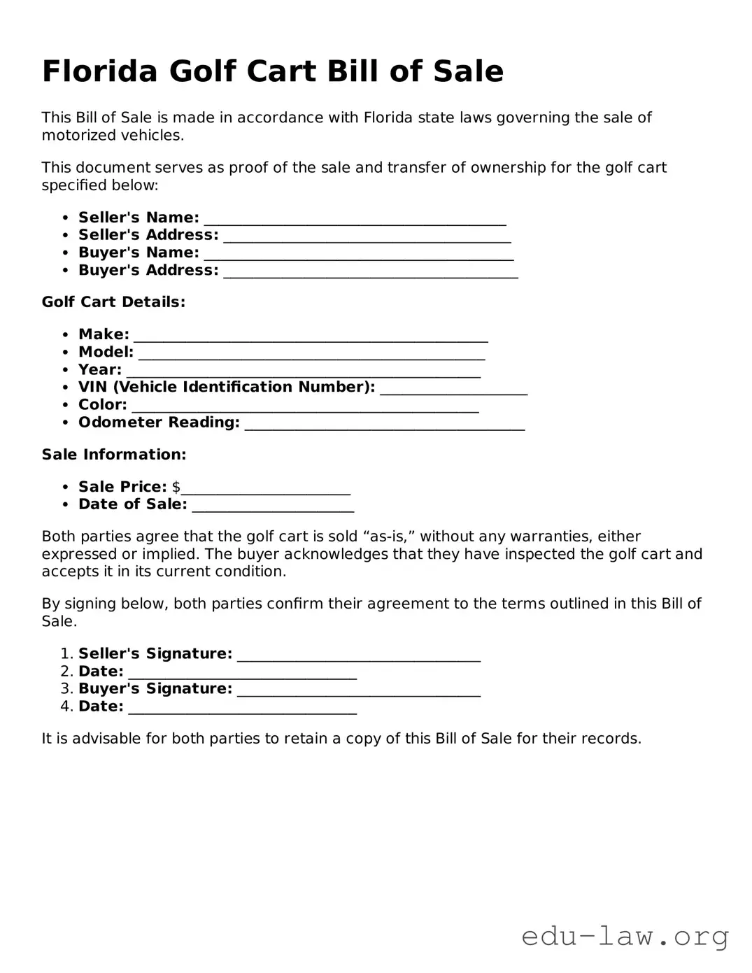 Legal  Golf Cart Bill of Sale Template for Florida
