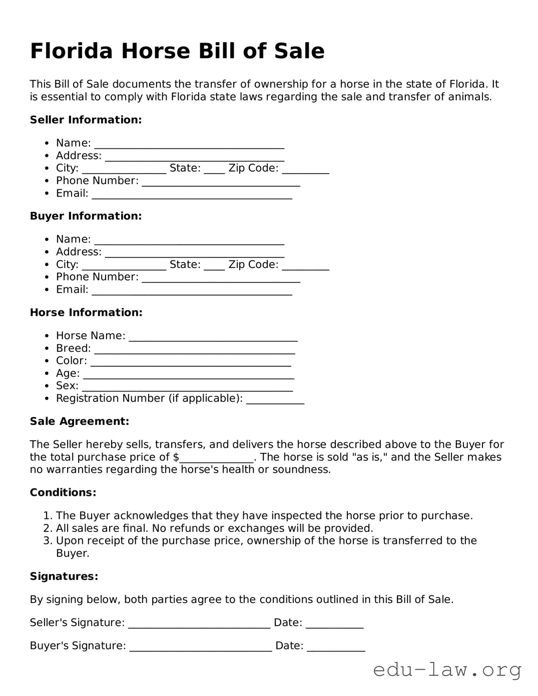 Legal  Horse Bill of Sale Template for Florida