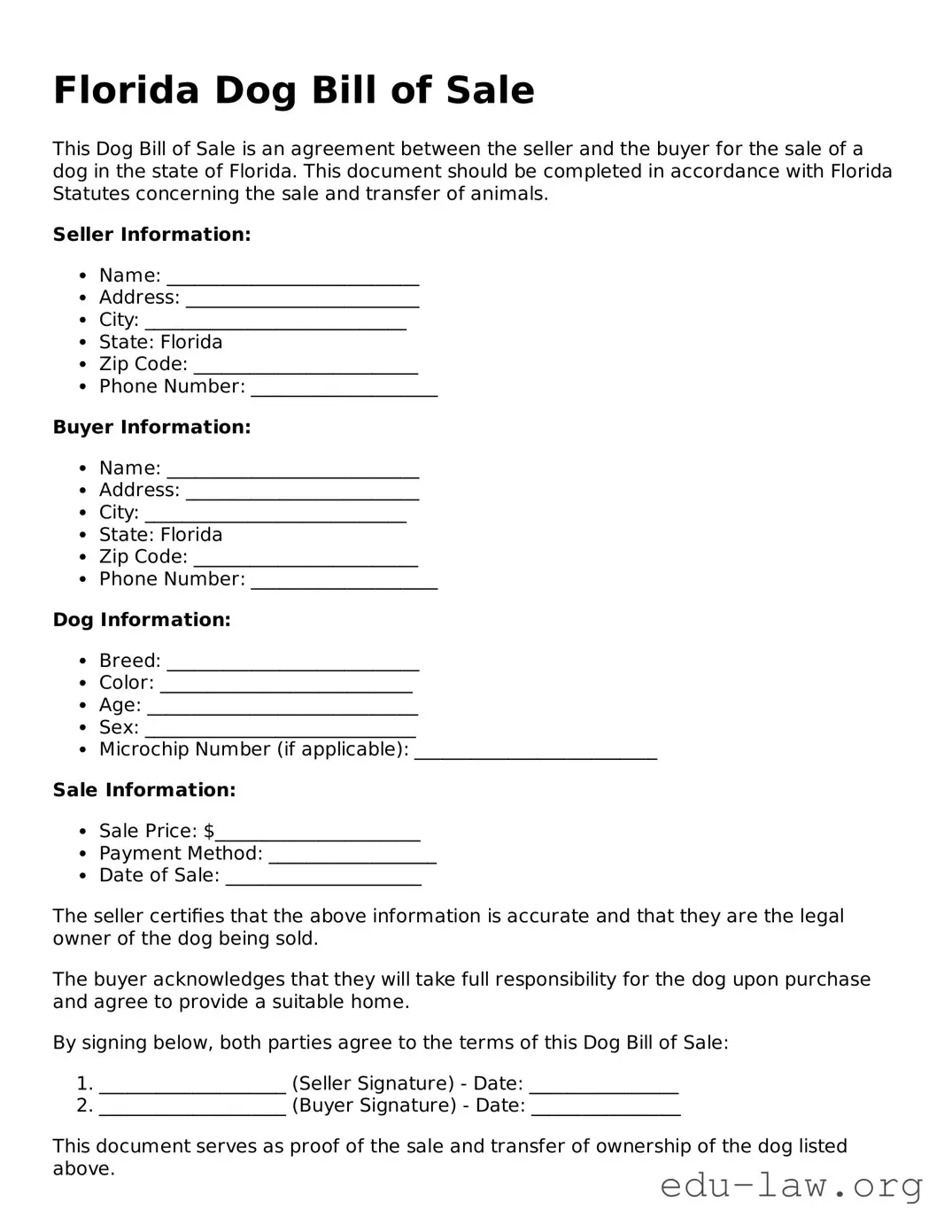 Legal  Dog Bill of Sale Template for Florida
