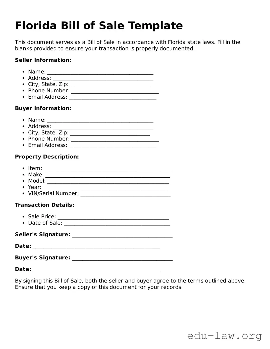 Legal  Bill of Sale Template for Florida