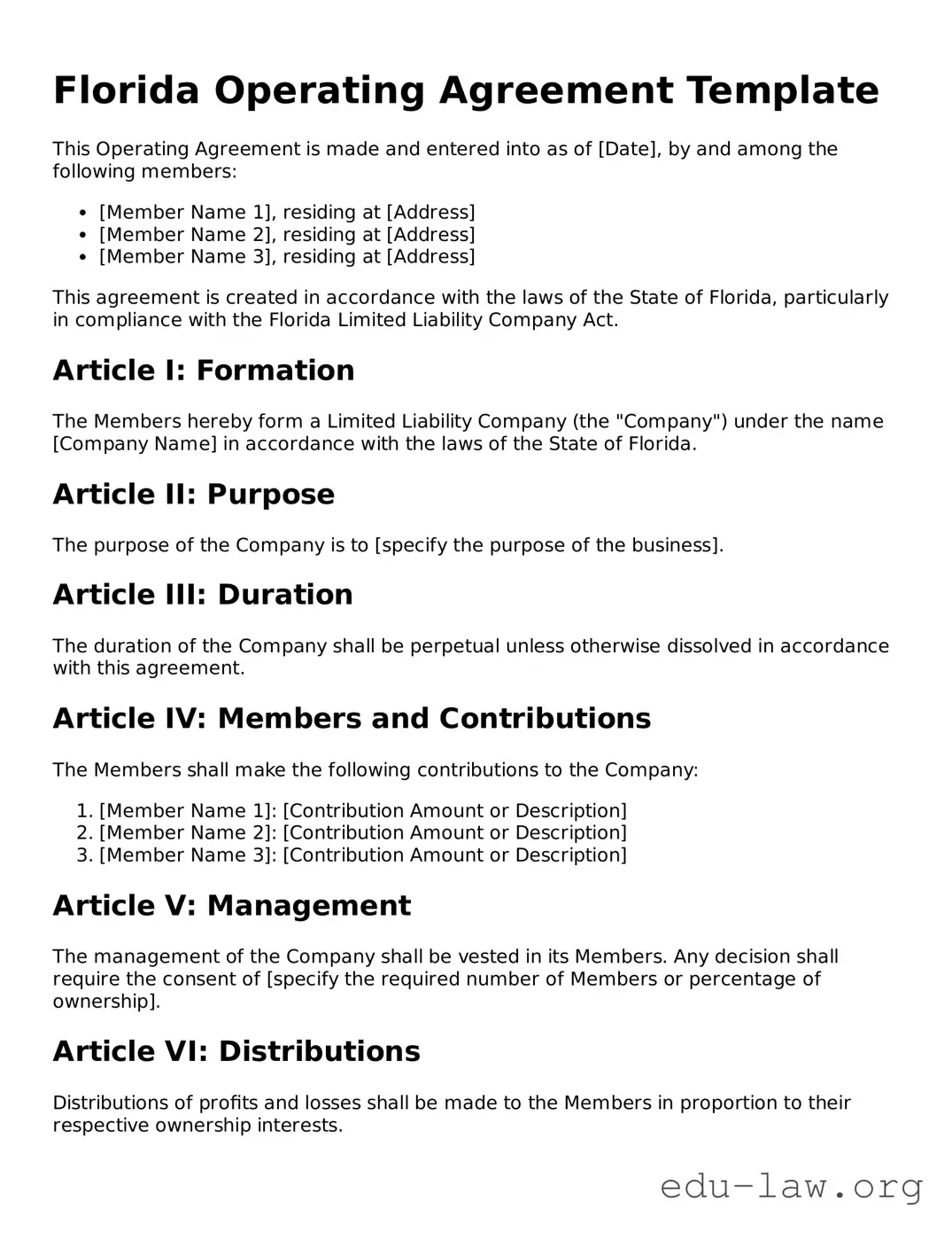 Legal  Operating Agreement Template for Florida