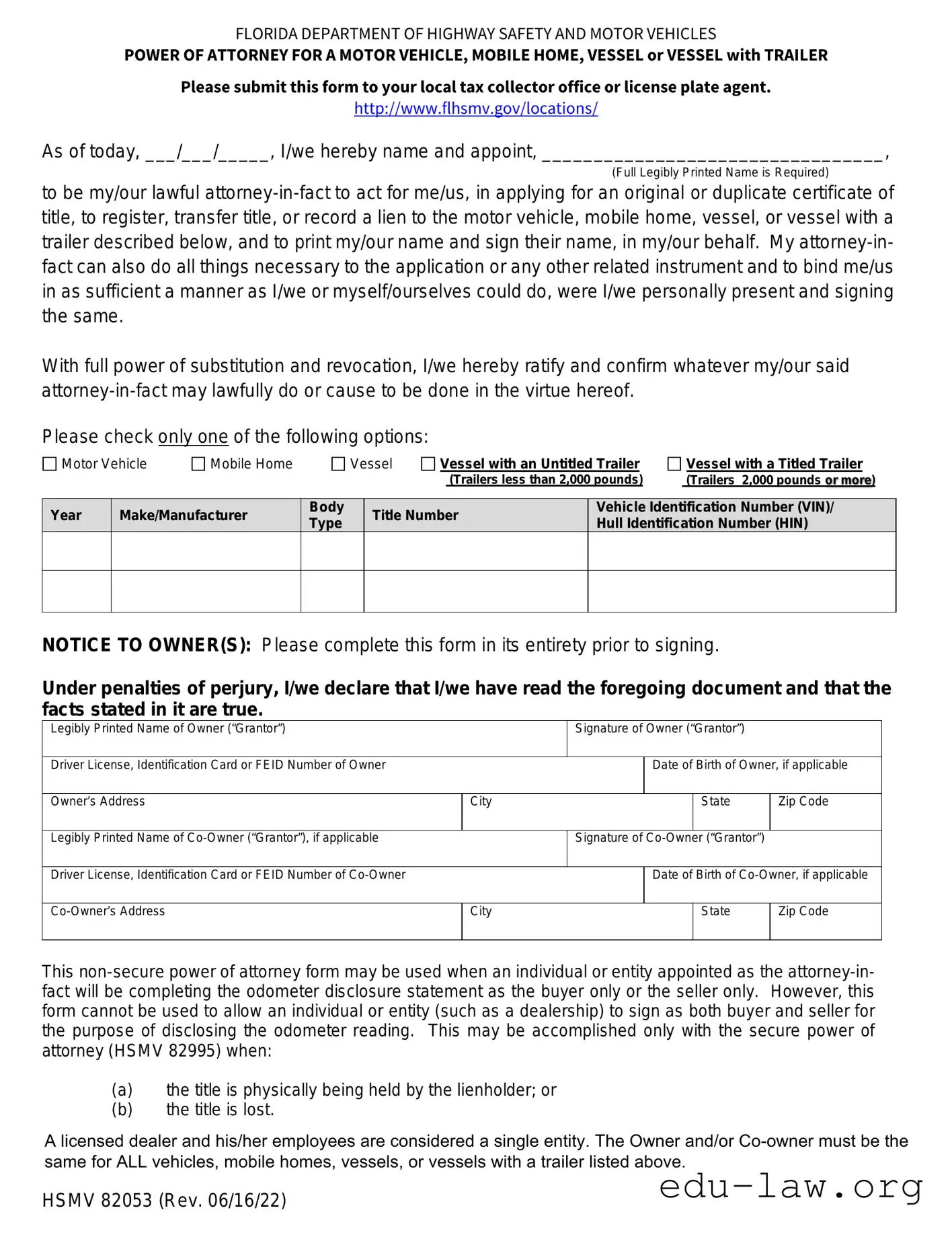 Fill in Your Florida Vehicle POA form 82053 Template