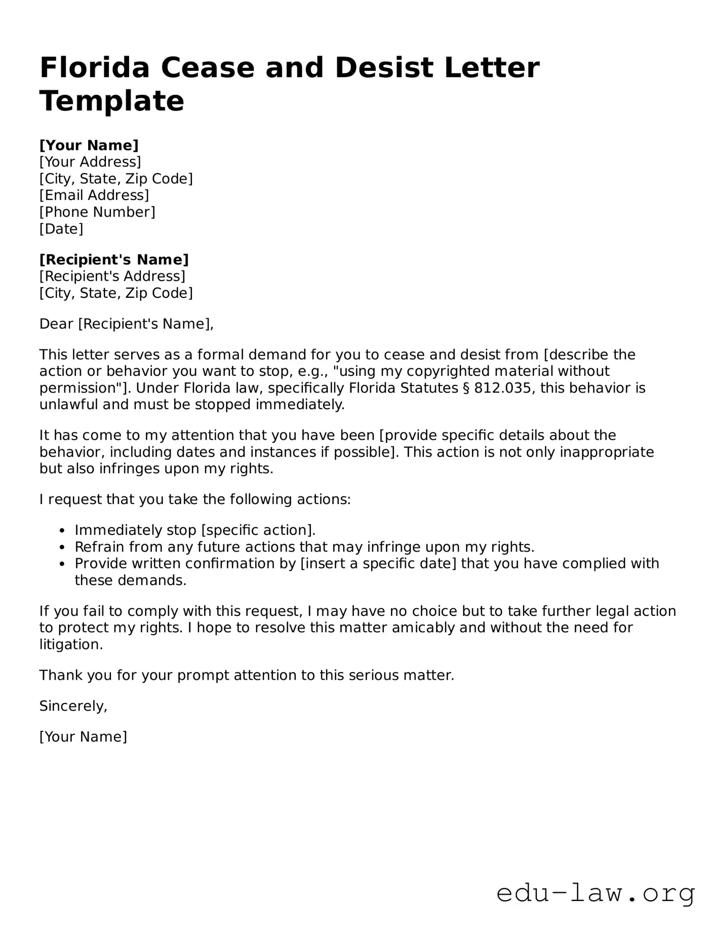 Legal  Cease and Desist Letter Template for Florida