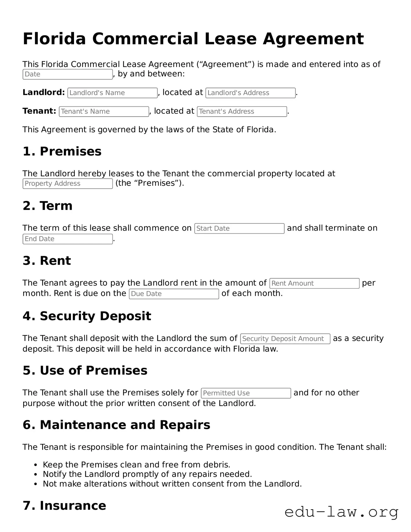 Legal  Commercial Lease Agreement Template for Florida
