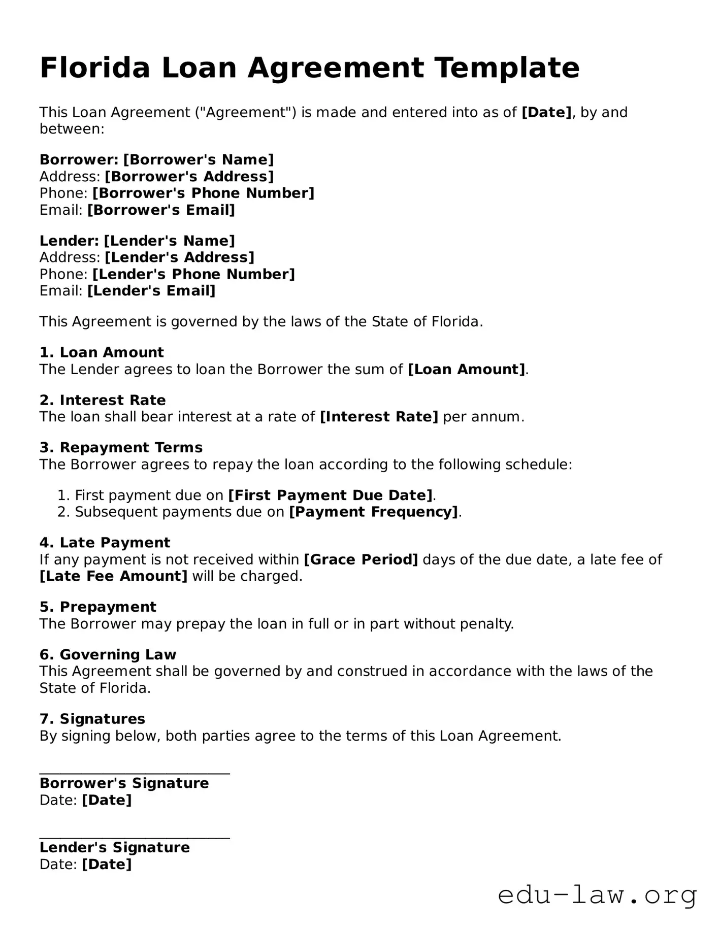 Legal  Loan Agreement Template for Florida