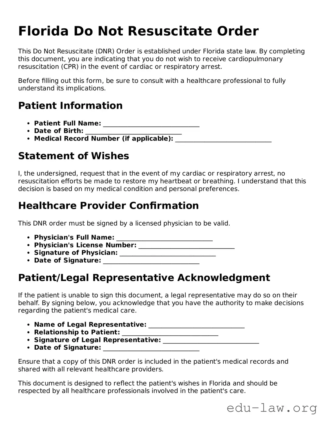 Legal  Do Not Resuscitate Order Template for Florida