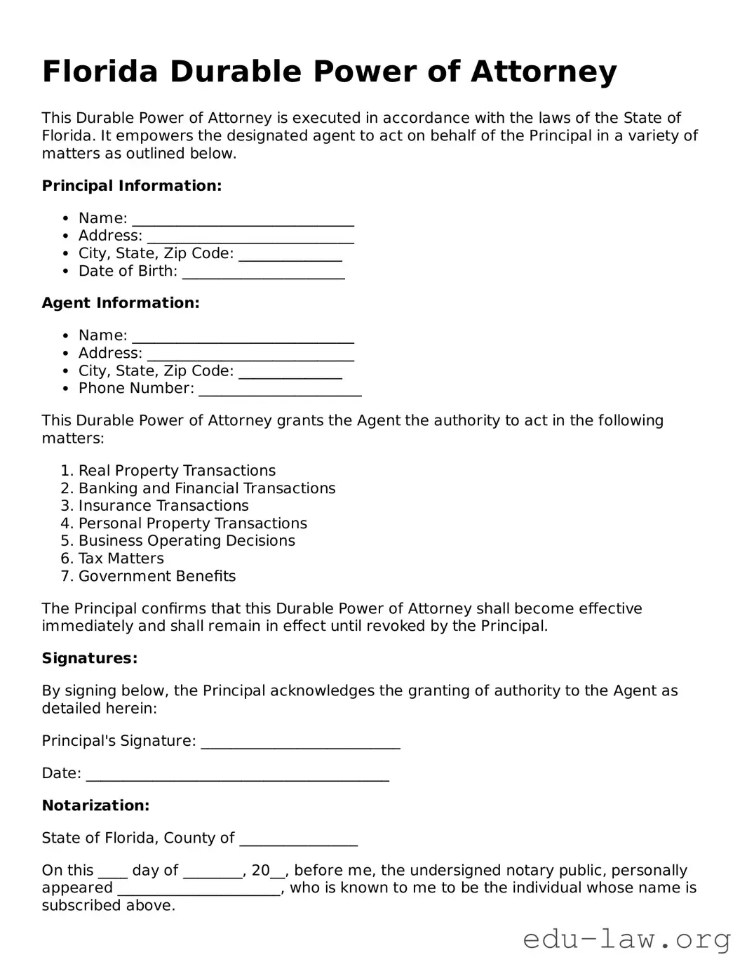 Legal  Durable Power of Attorney Template for Florida