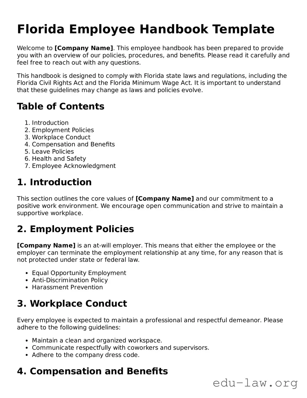 Legal  Employee Handbook Template for Florida