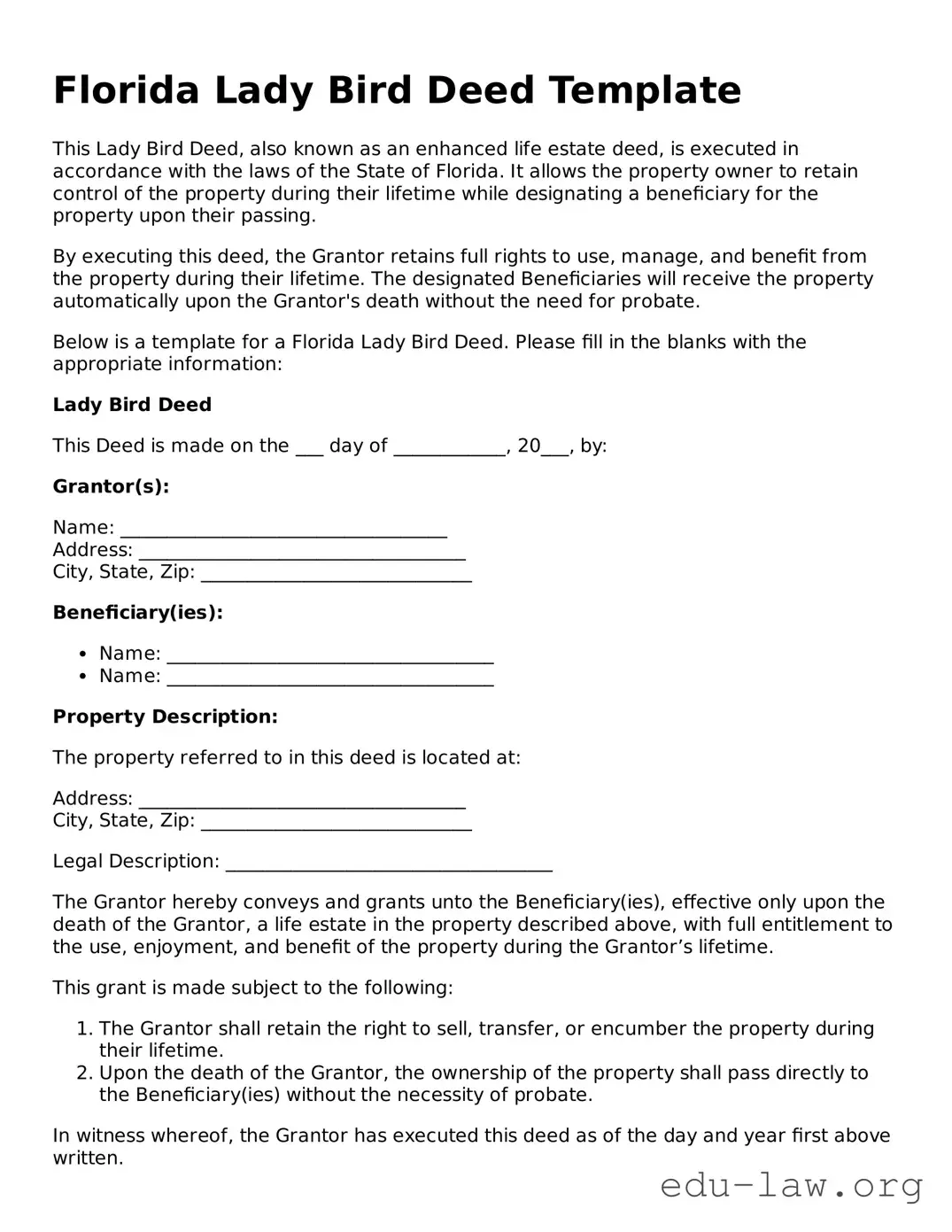 Legal  Lady Bird Deed Template for Florida