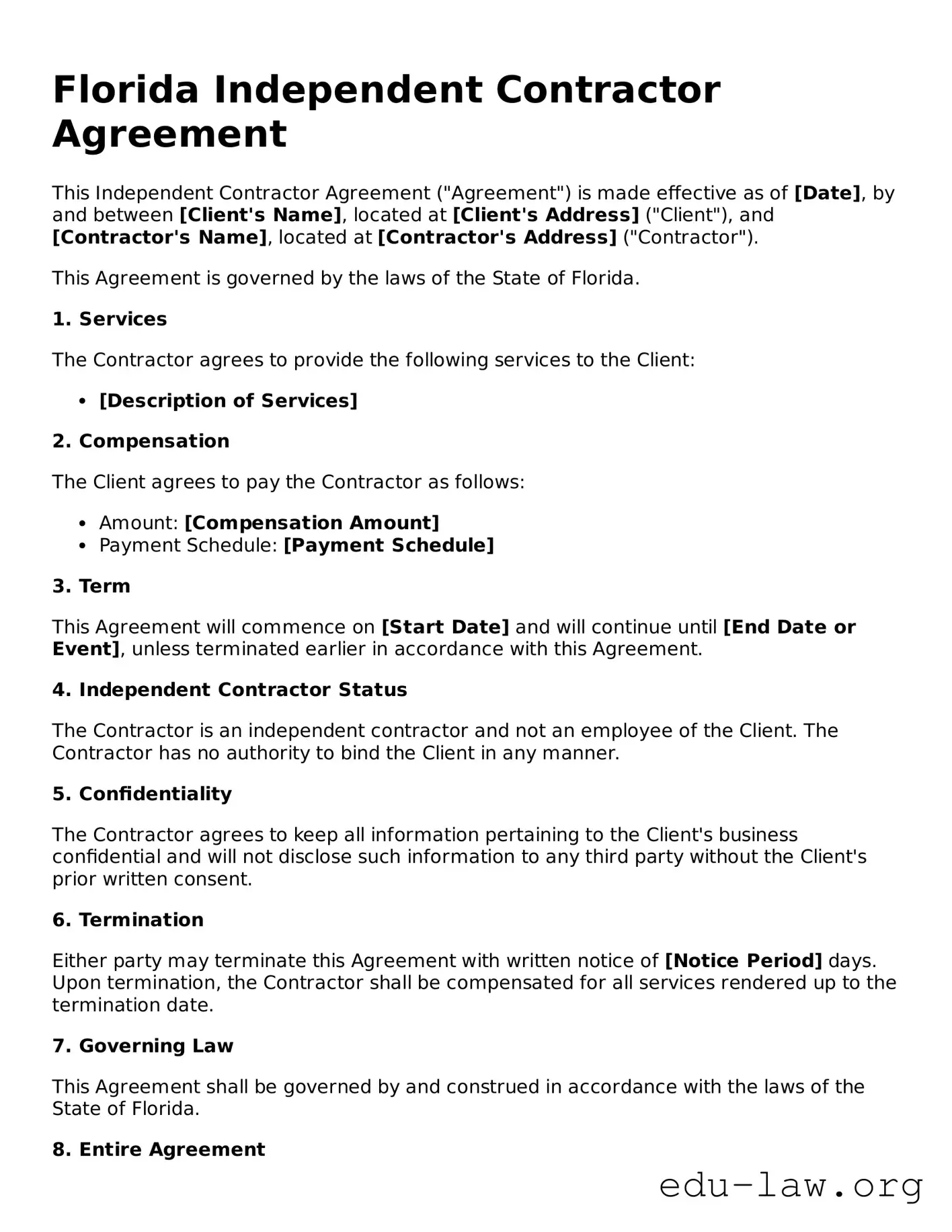 Legal  Independent Contractor Agreement Template for Florida