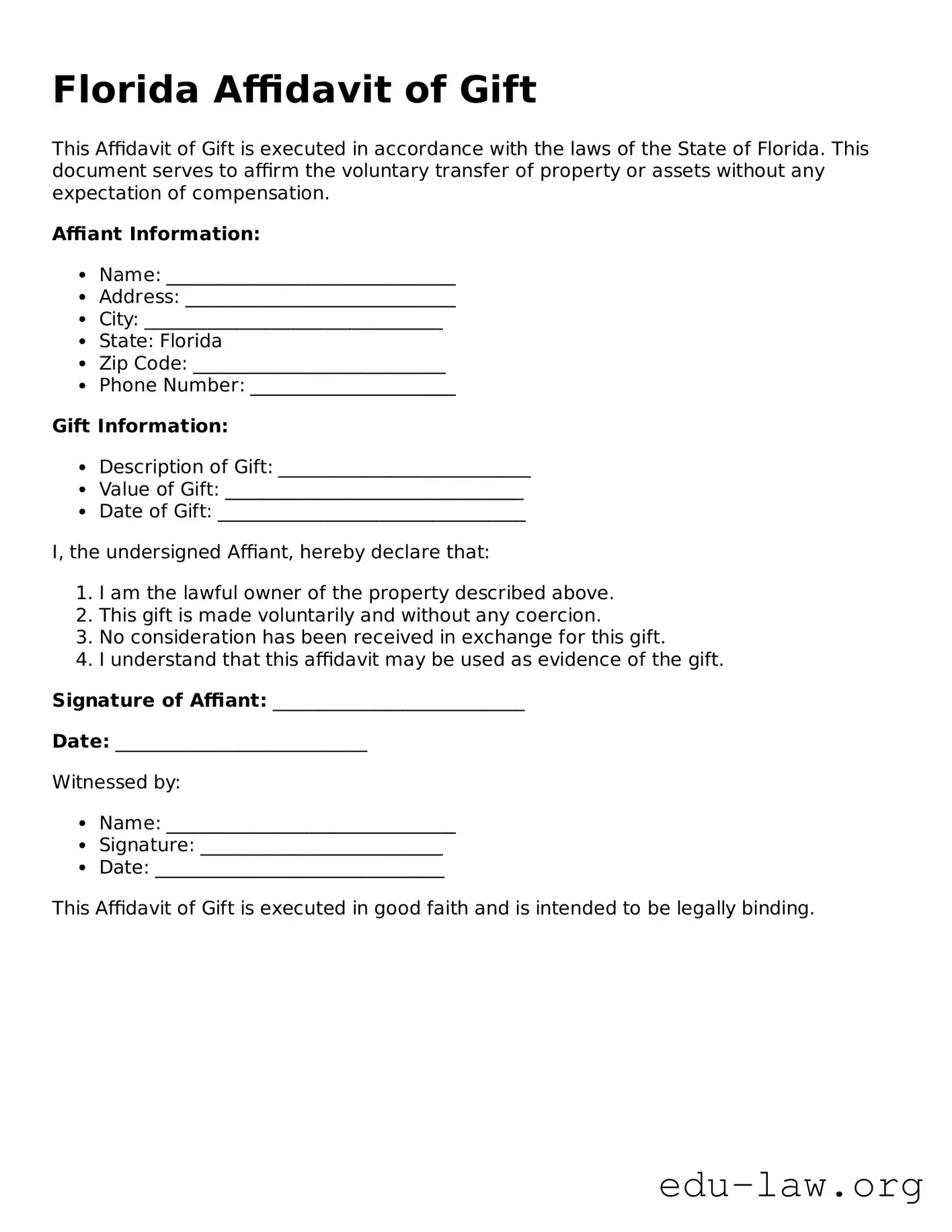 Legal  Affidavit of Gift Template for Florida
