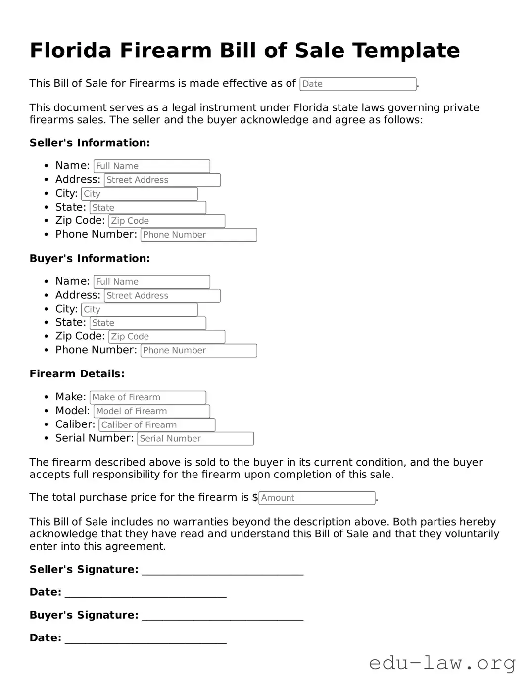 Legal  Firearm Bill of Sale Template for Florida
