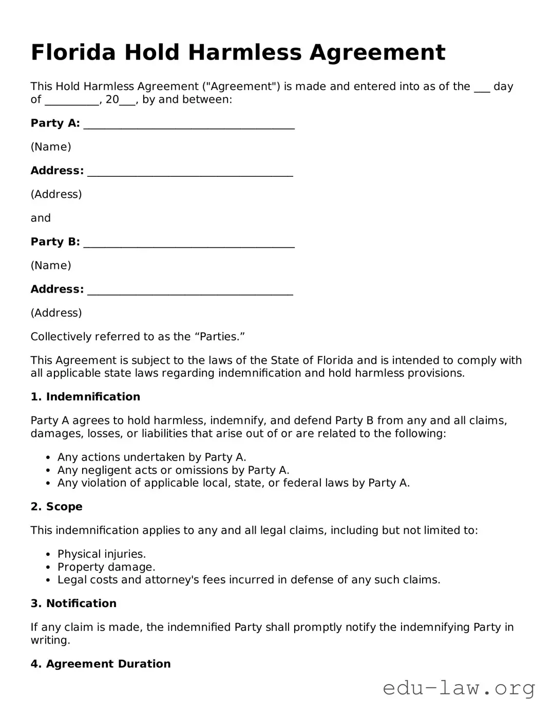 Legal  Hold Harmless Agreement Template for Florida