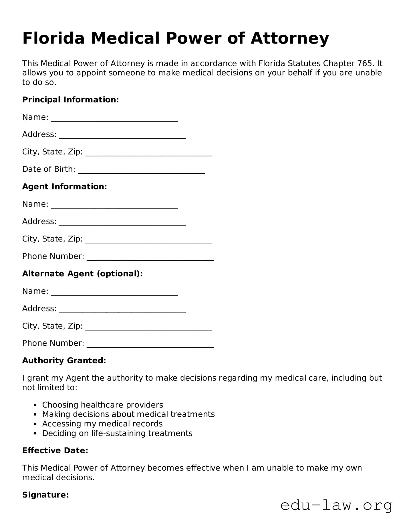 Legal  Medical Power of Attorney Template for Florida