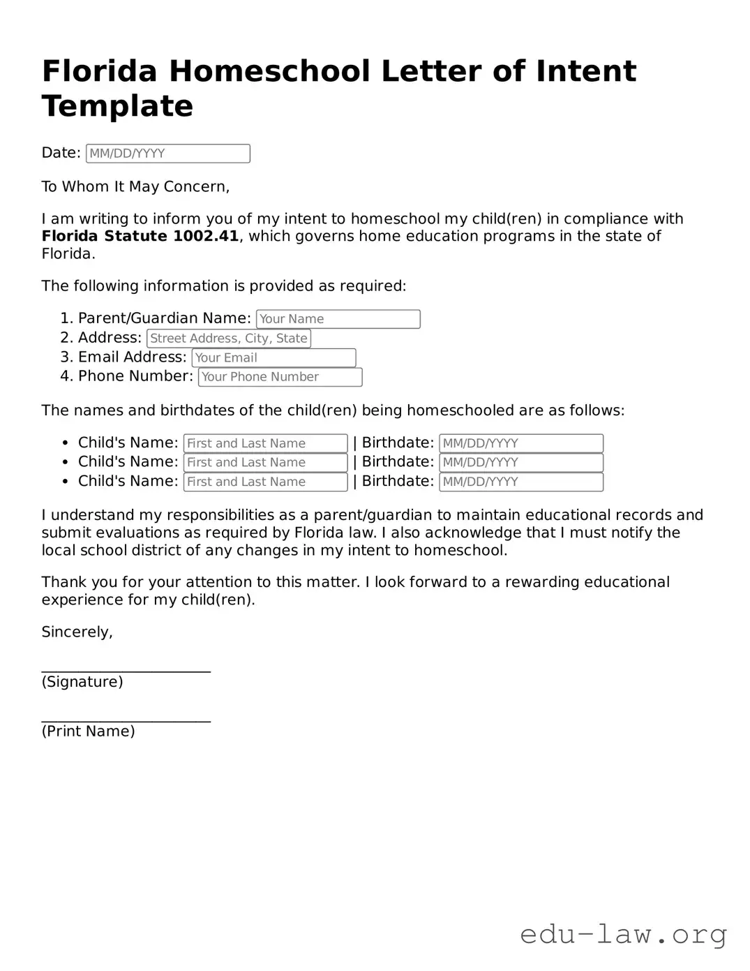 Legal  Homeschool Letter of Intent Template for Florida