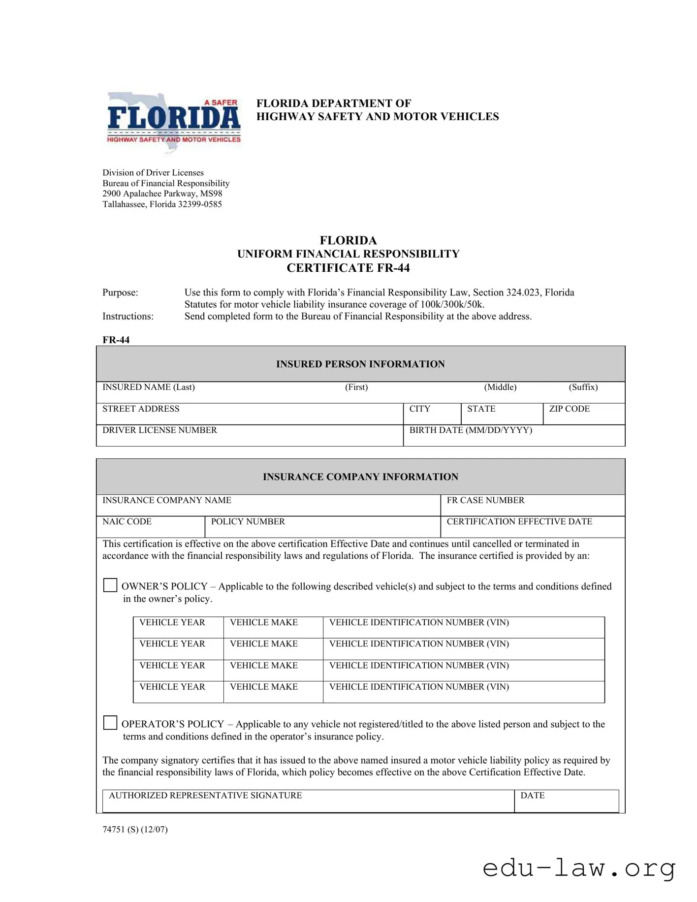 Fill in Your Fr44 Florida Template