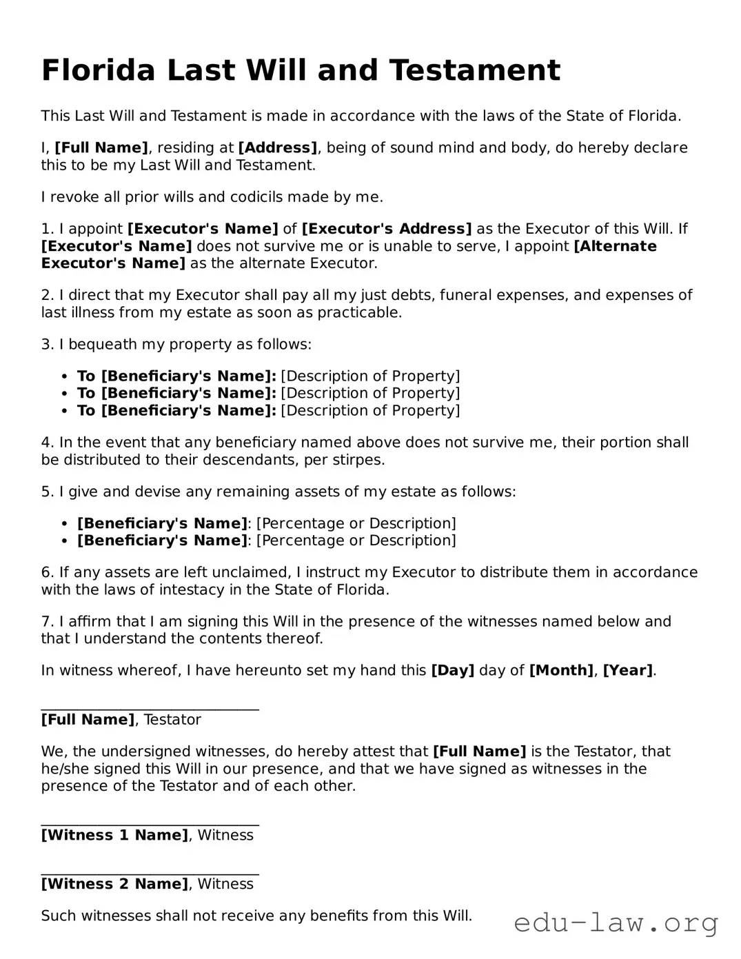 Legal  Last Will and Testament Template for Florida